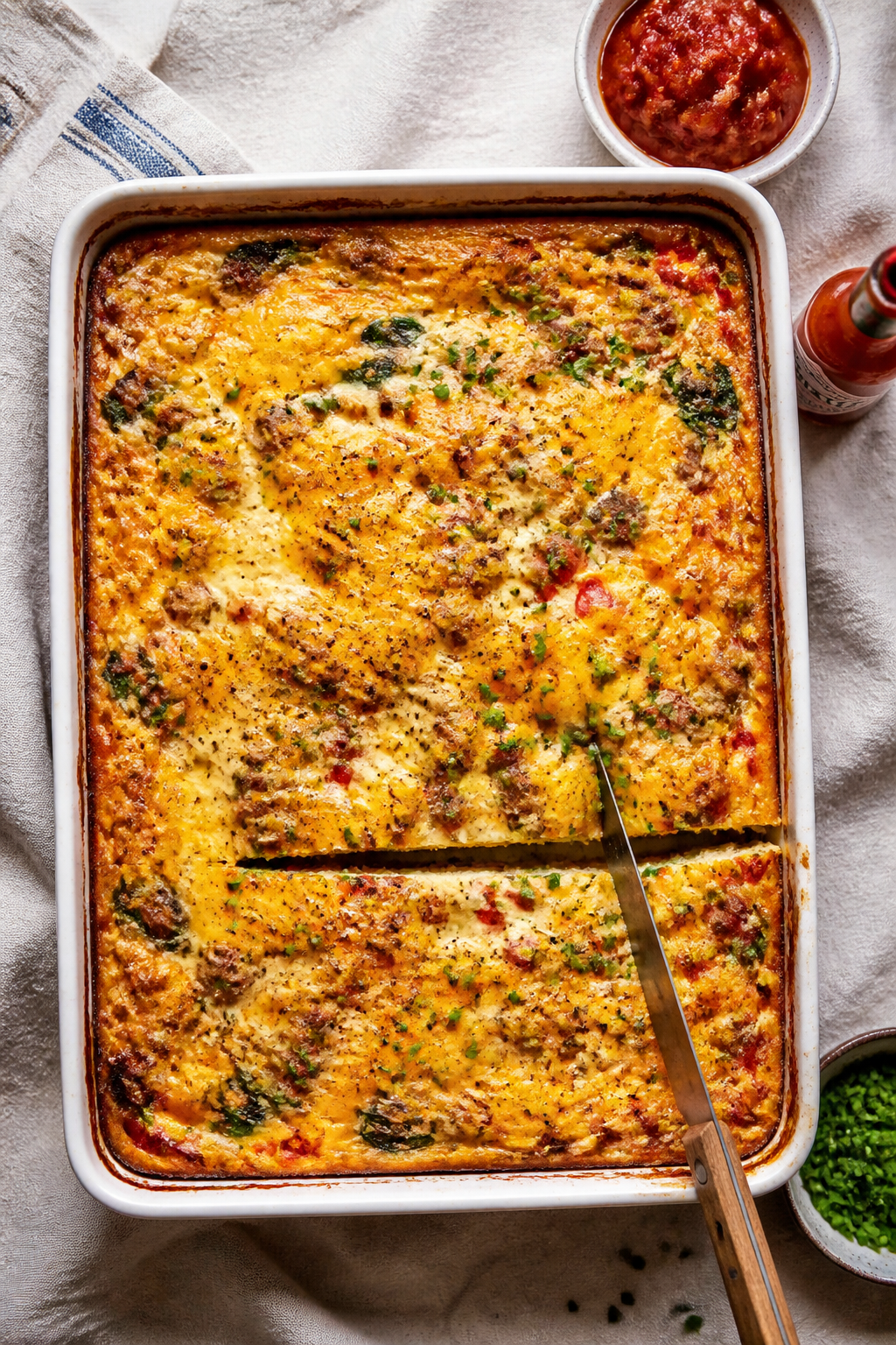 Tasty top view, overhead shot: 9x13 baked sausage egg casserole just out of the oven, top lightly go