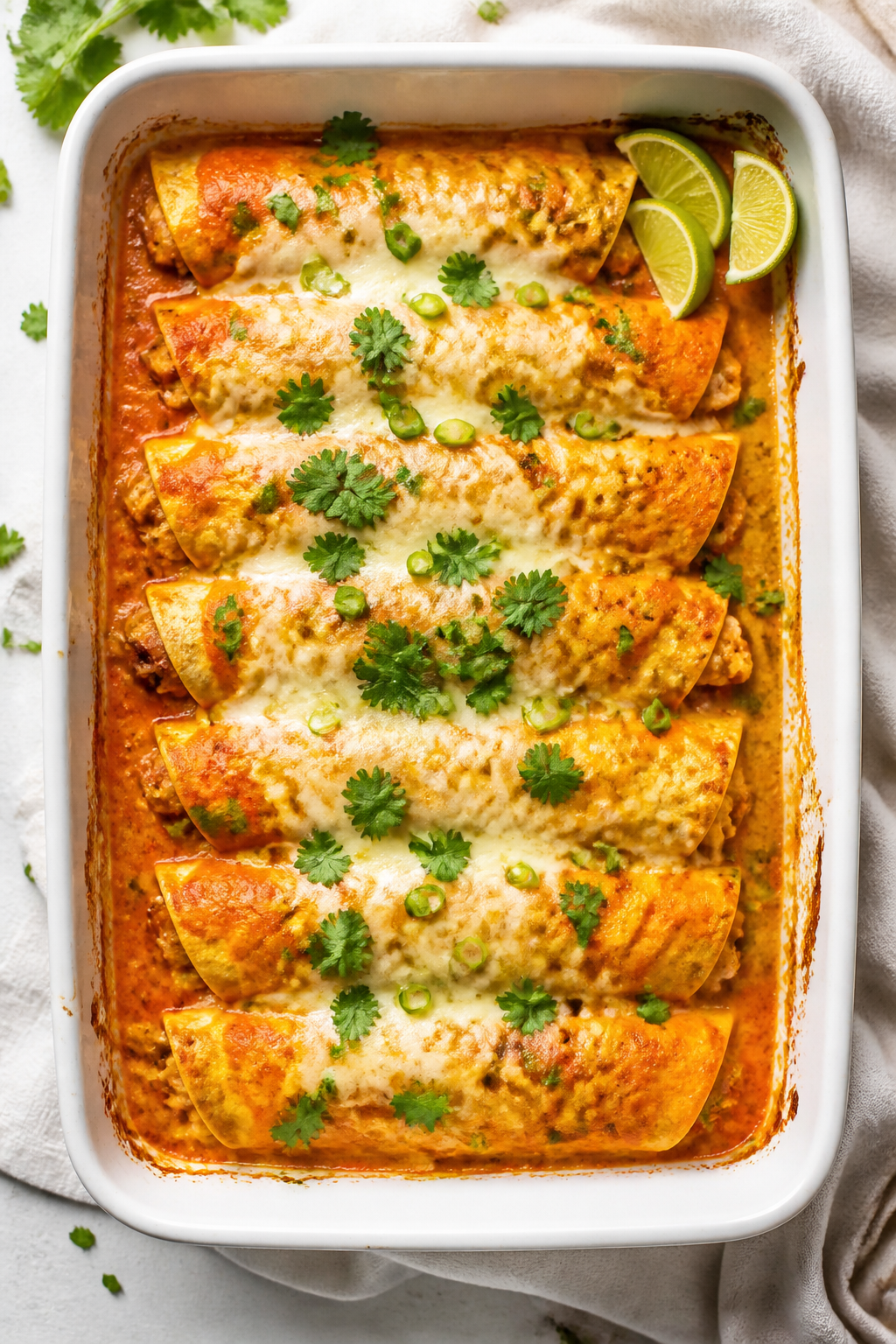 Tasty top view: Overhead shot of a 9x13 baking dish of breakfast enchiladas just out of the oven—r