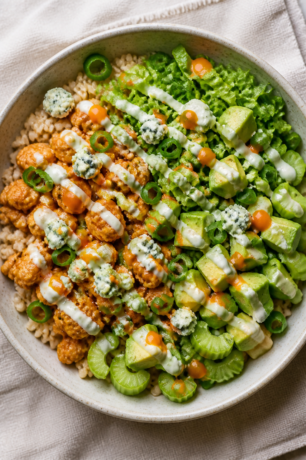 Tasty top view — Overhead shot of a Buffalo Ranch Ground Chicken Bowl: fluffy brown rice base part