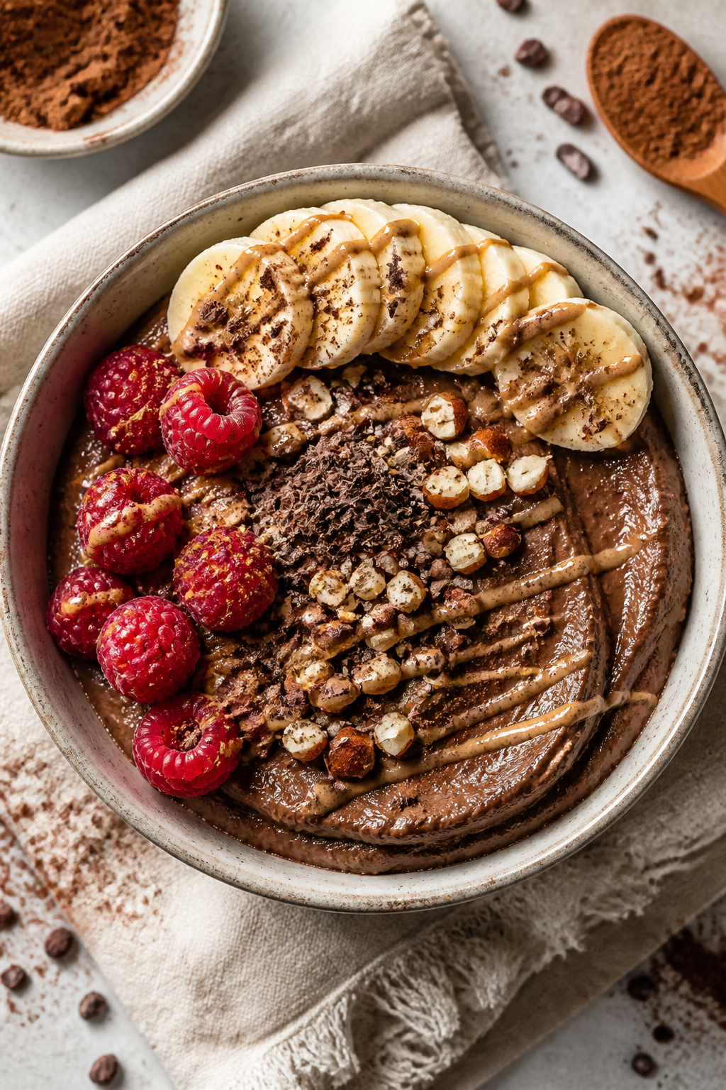 Tasty top view: Overhead shot of a chilled Cottage Cheese Chocolate Protein Mousse Bowl, thick and s