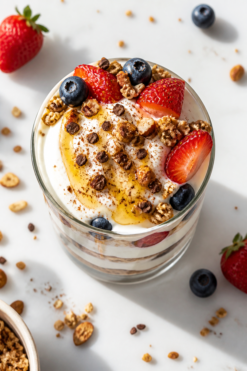 Tasty top view: Overhead shot of a finished Berry Crunch Classic parfait in a clear tumbler, showcas