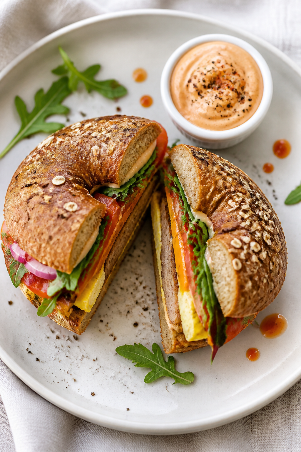 Tasty top view: Overhead shot of a finished high-protein bagel breakfast sandwich cut in half and sl
