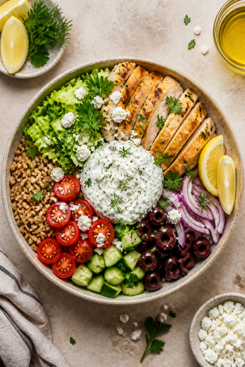 Tasty top view: Overhead shot of a fully assembled Greek Chicken Power Bowl—farro base with choppe