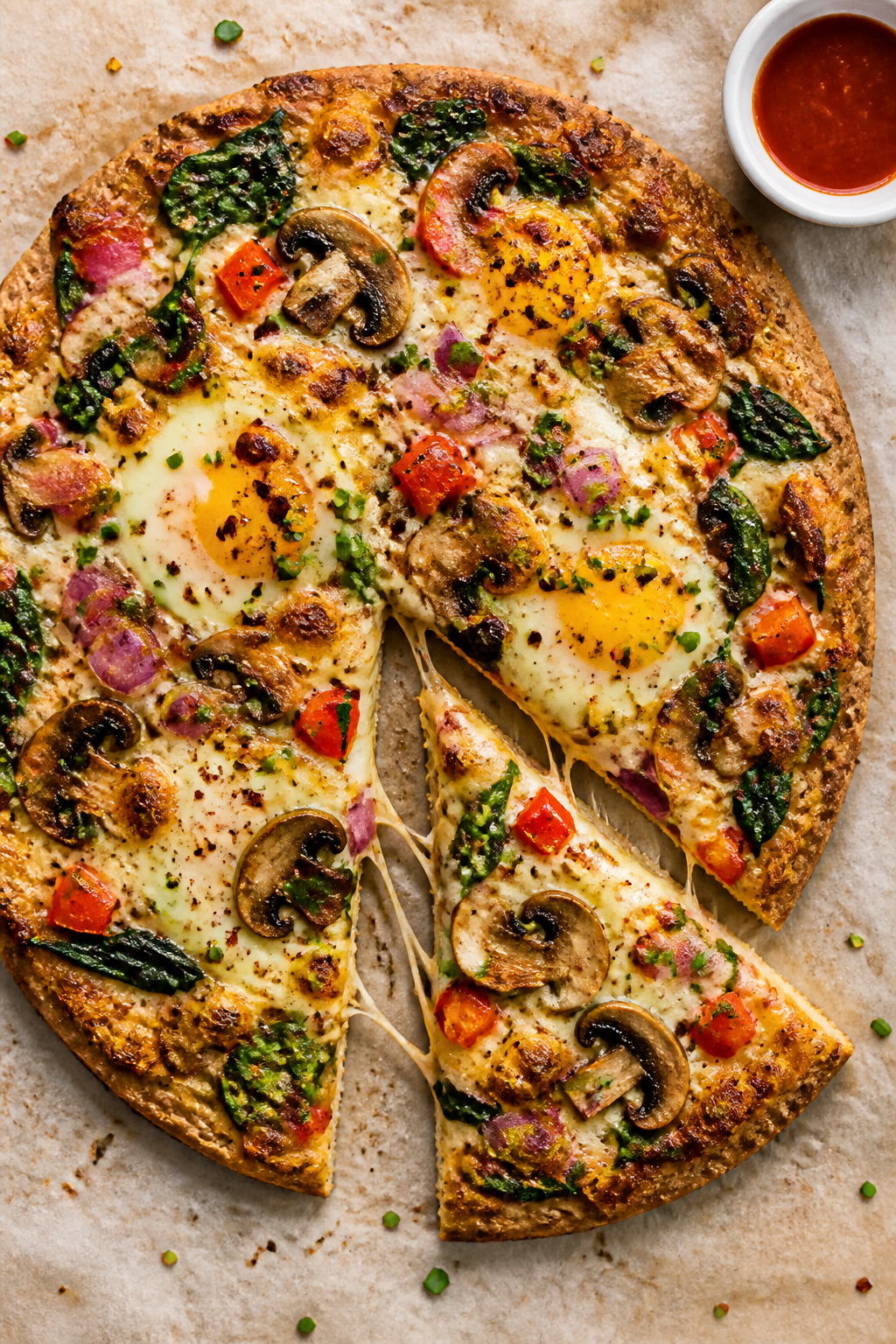Tasty top view: Overhead shot of a fully baked High Protein Breakfast Pizza on parchment, cheese mel