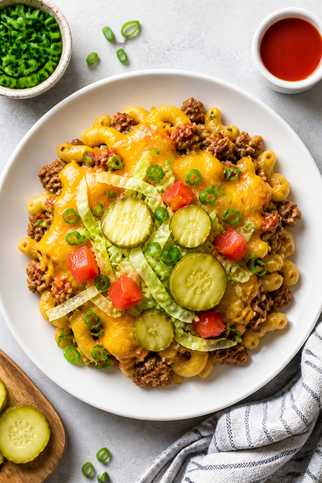 Tasty top view: Overhead shot of a plated serving of High Protein Cheeseburger Casserole on a matte