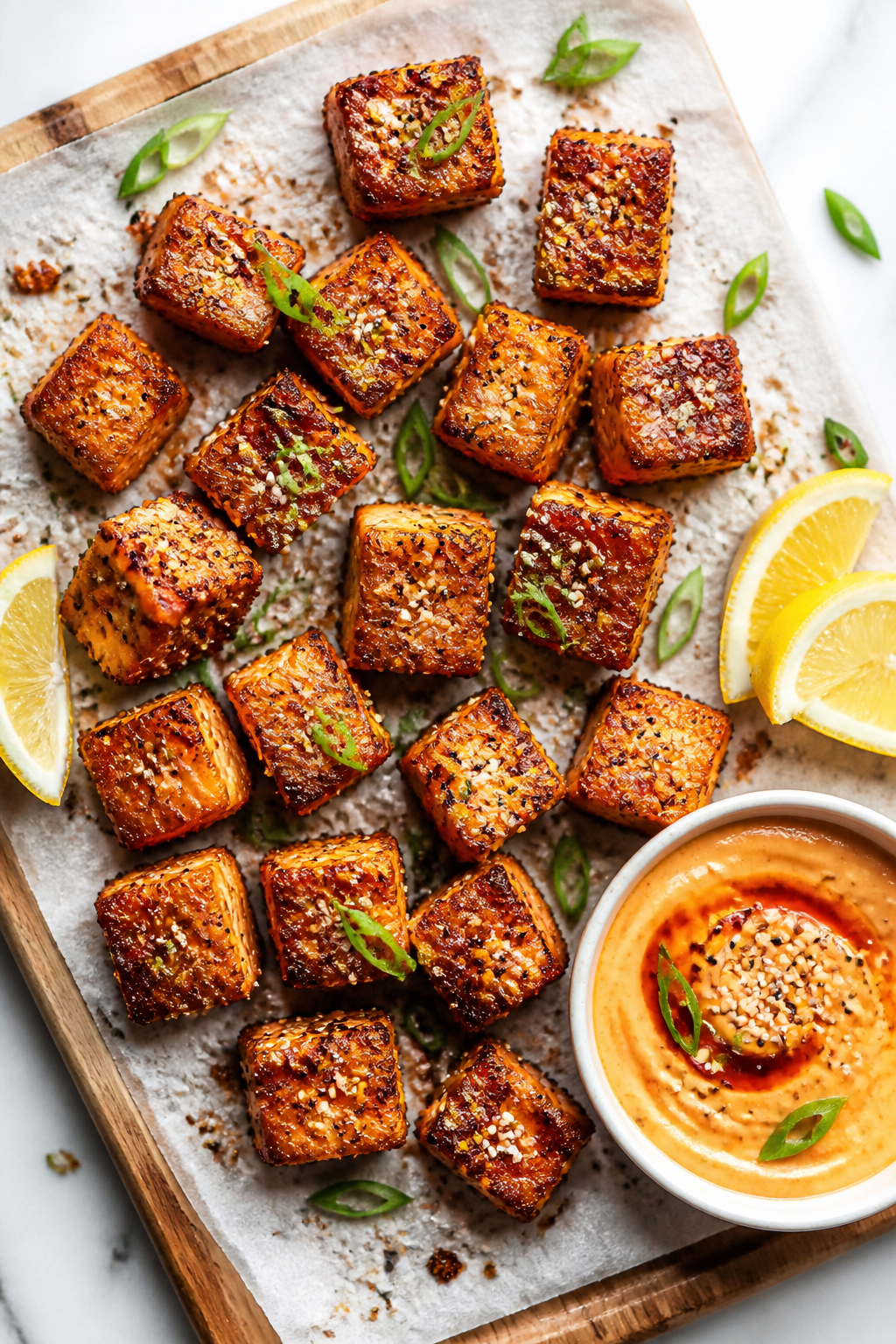 Tasty top view: Overhead shot of a platter of crispy salmon bites arranged in a casual mosaic on a p