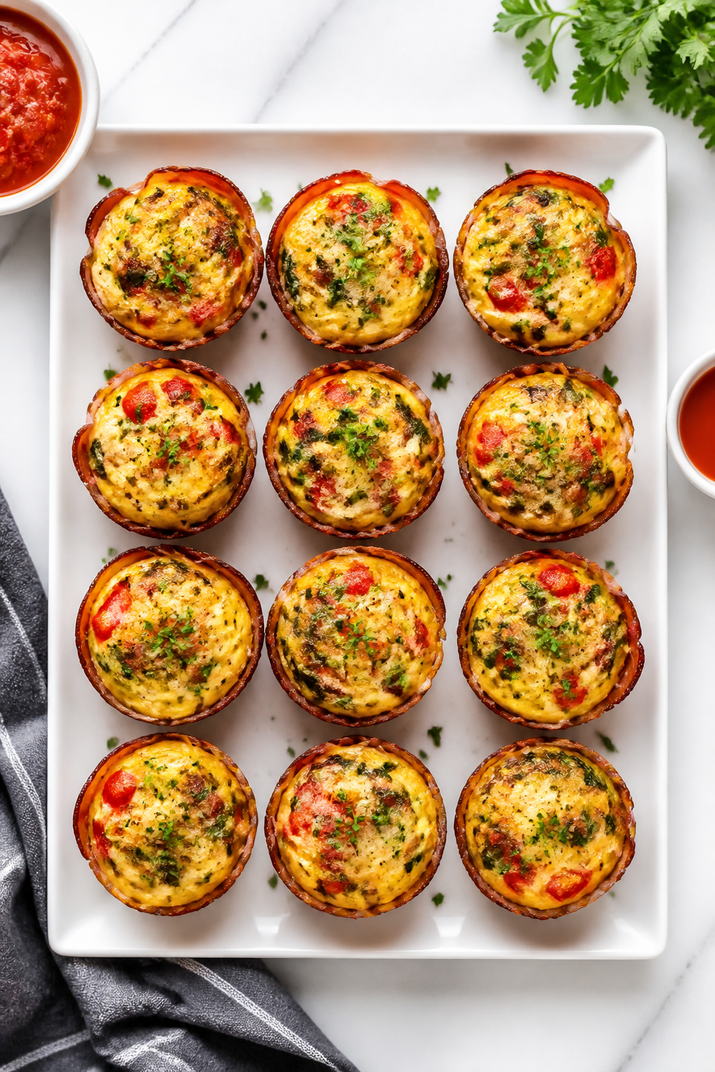 Tasty top view: Overhead shot of a platter of Turkey Bacon Egg Muffin Cups arranged in a neat grid o