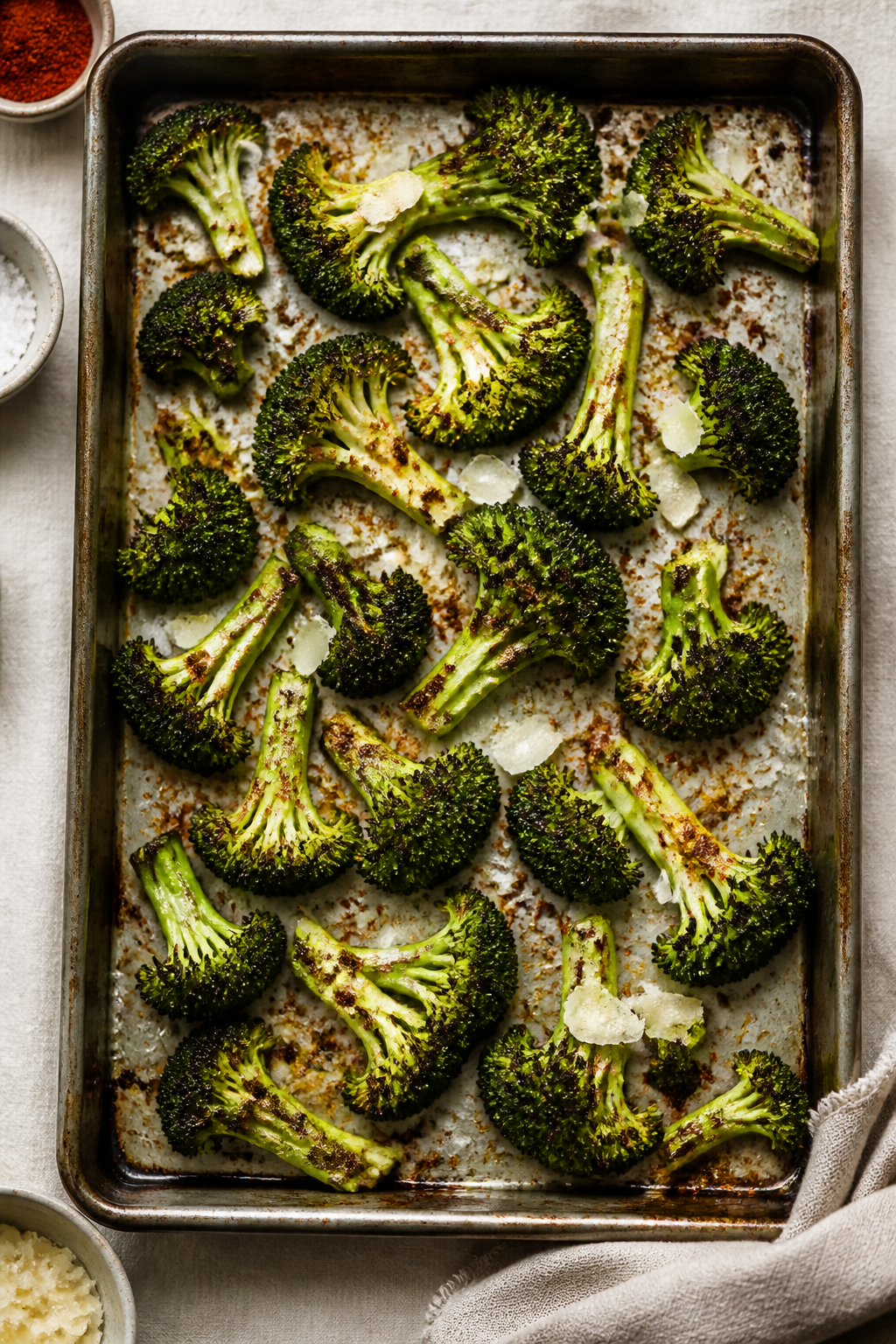 Tasty top view: Overhead shot of a sheet pan of roasted broccoli florets, edges charred and crisp wi