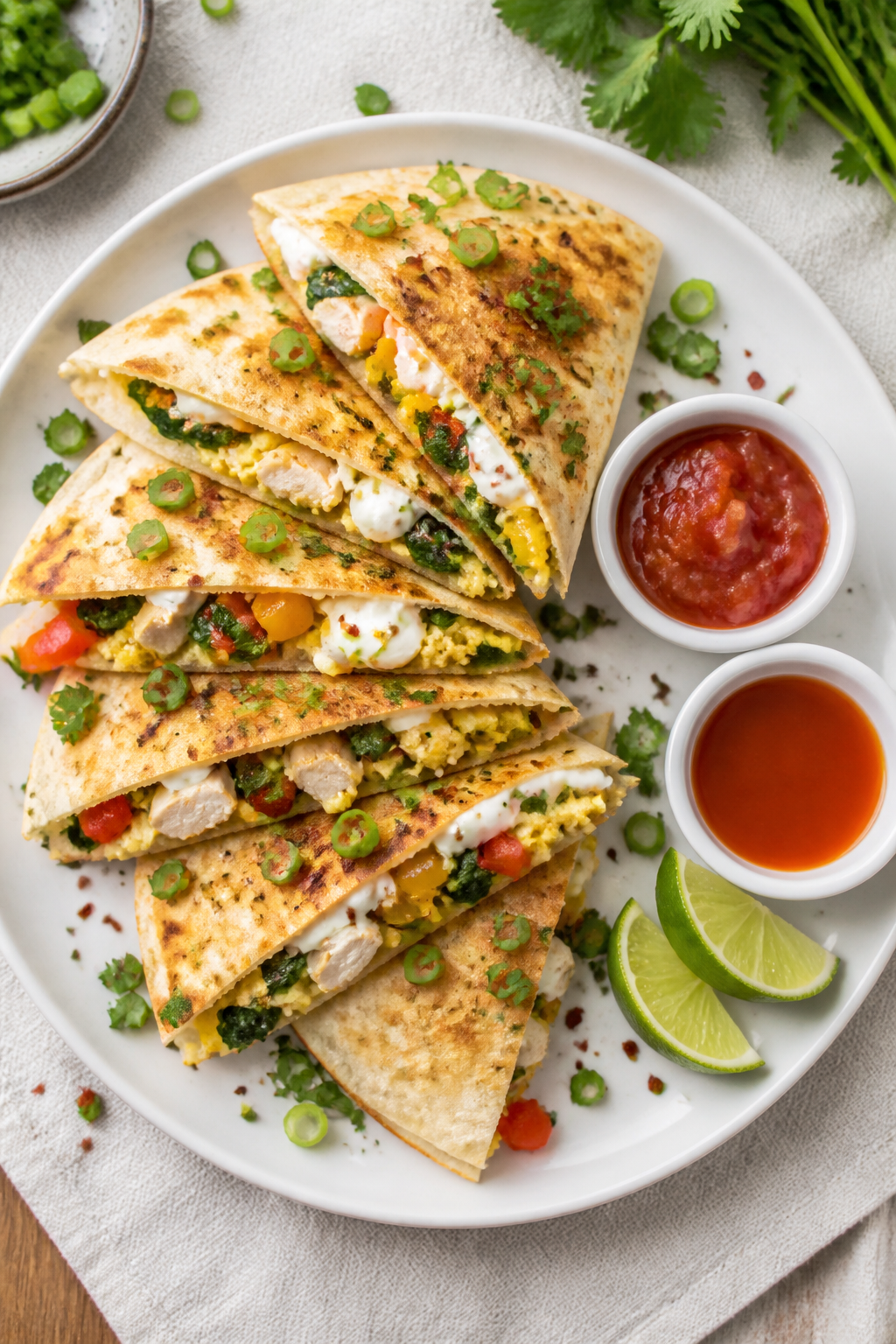 Tasty top view: Overhead shot of a sliced high-protein breakfast quesadilla arranged in fan-like wed