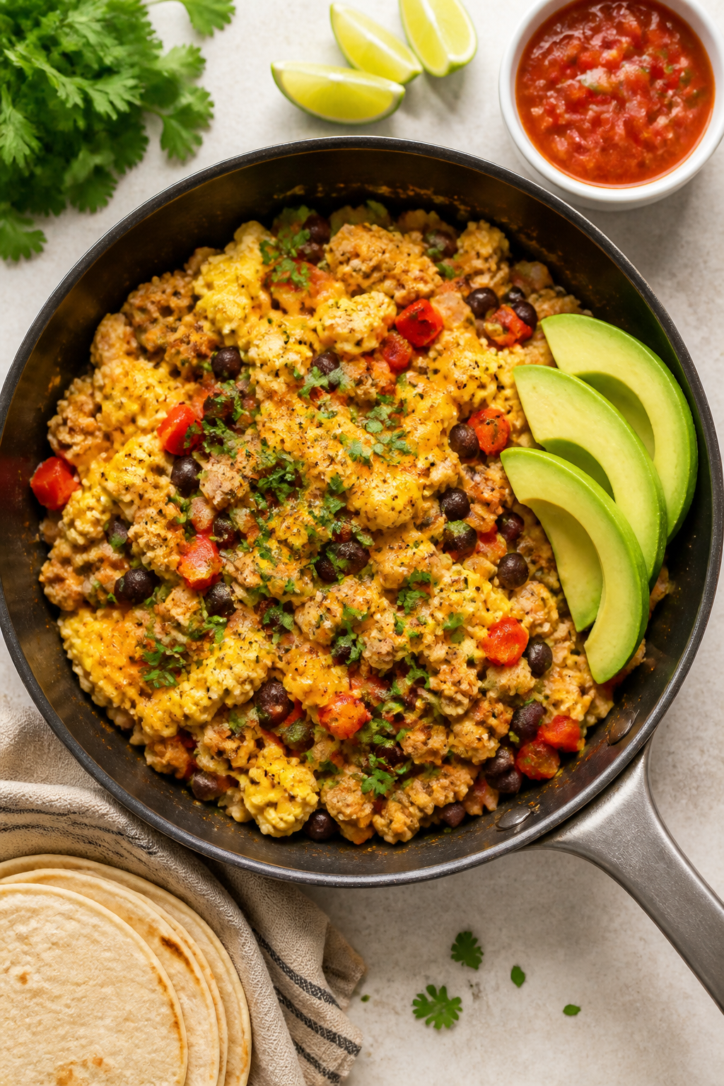 Tasty top view: Overhead shot of a Southwest Turkey Breakfast Scramble just finished in the pan—so