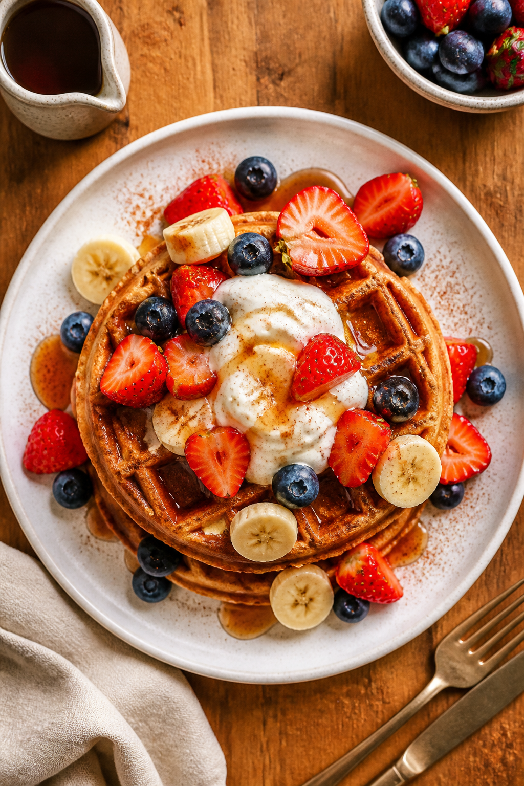 Tasty top view: Overhead shot of a stack of high protein cinnamon waffles on a matte white plate, to