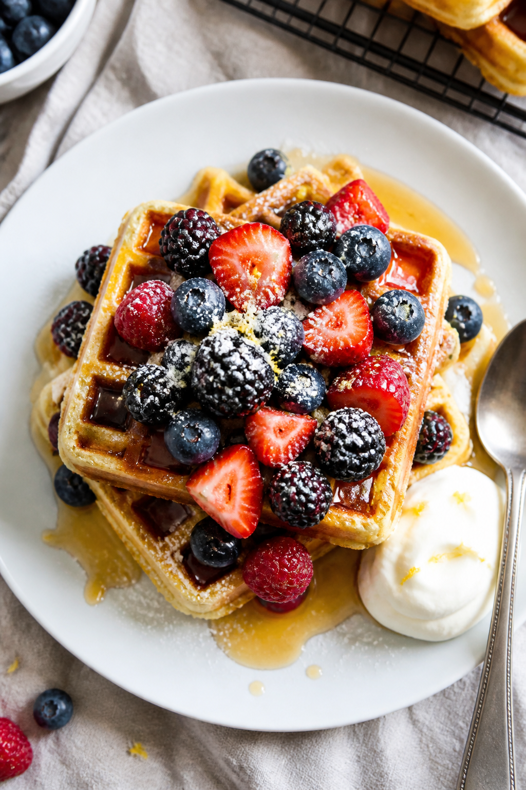Tasty top view: Overhead shot of a stack of protein waffles on a white ceramic plate, topped with a 
