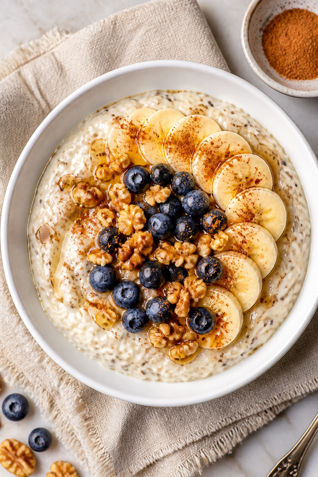 Tasty top view: Overhead shot of a warm bowl of High Protein Breakfast Rice Pudding topped with slic
