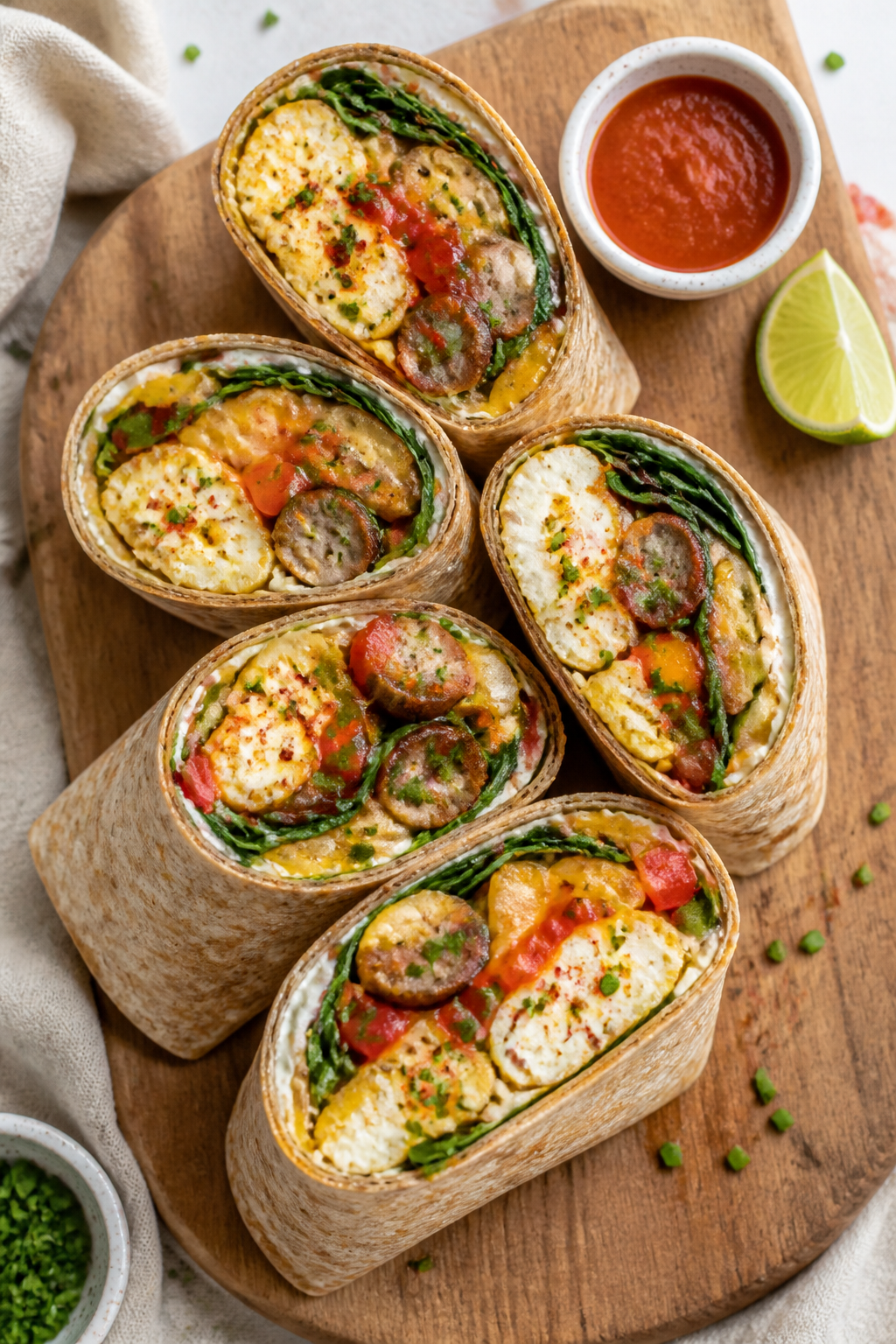 Tasty top view: Overhead shot of an Egg White & Chicken Sausage Wrap sliced on a warm whole-wheat to