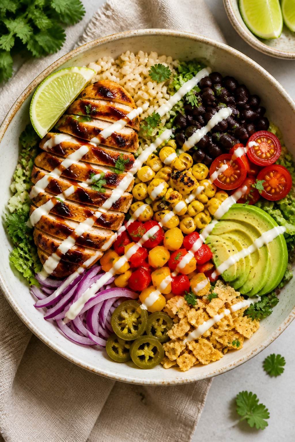 Tasty top view: Overhead shot of assembled BBQ Ranch Chicken Power Bowl with half brown rice/half ch