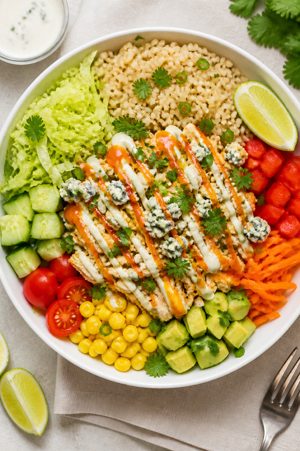 Tasty top view: Overhead shot of assembled Buffalo Ranch Turkey Bowl—half bowl of fluffy brown ric