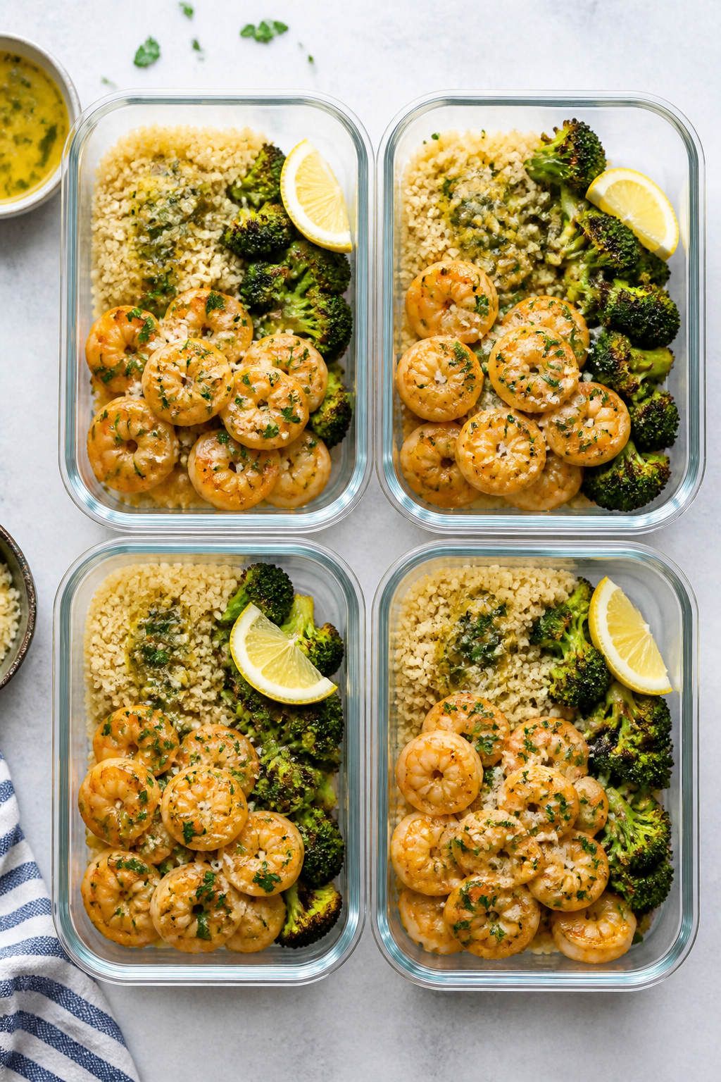 Tasty top view: Overhead shot of assembled Garlic Butter Shrimp Meal Prep Bowls—quadrant layout wi