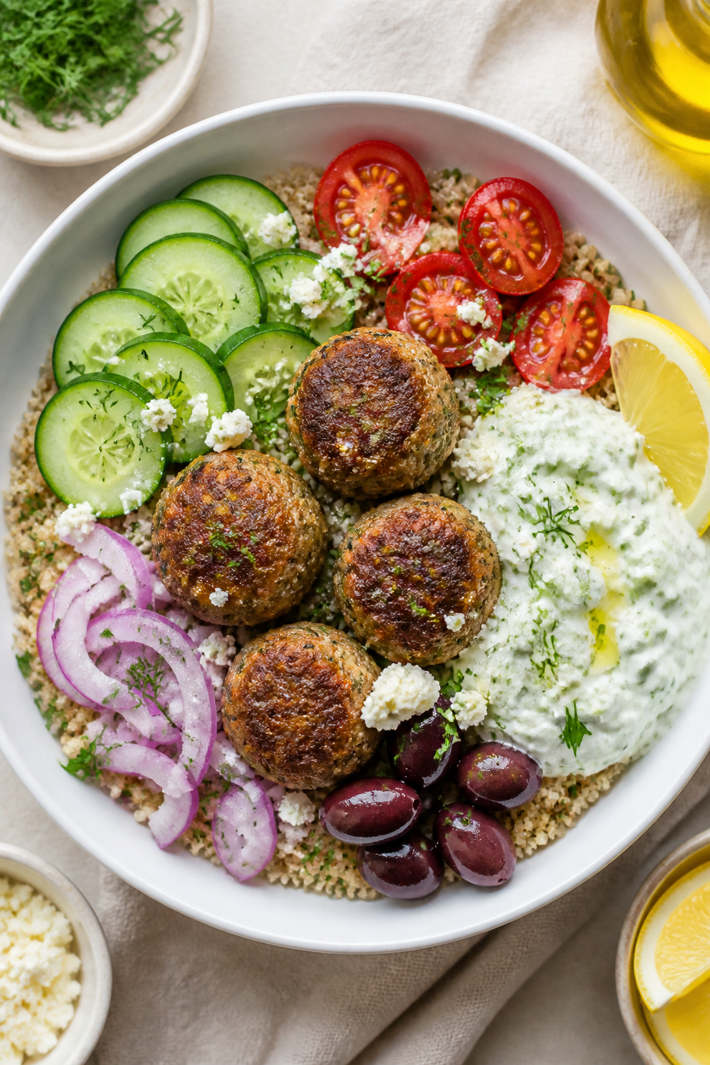 Tasty top view: Overhead shot of assembled Greek Turkey Meatball Bowl—fluffy quinoa base topped wi