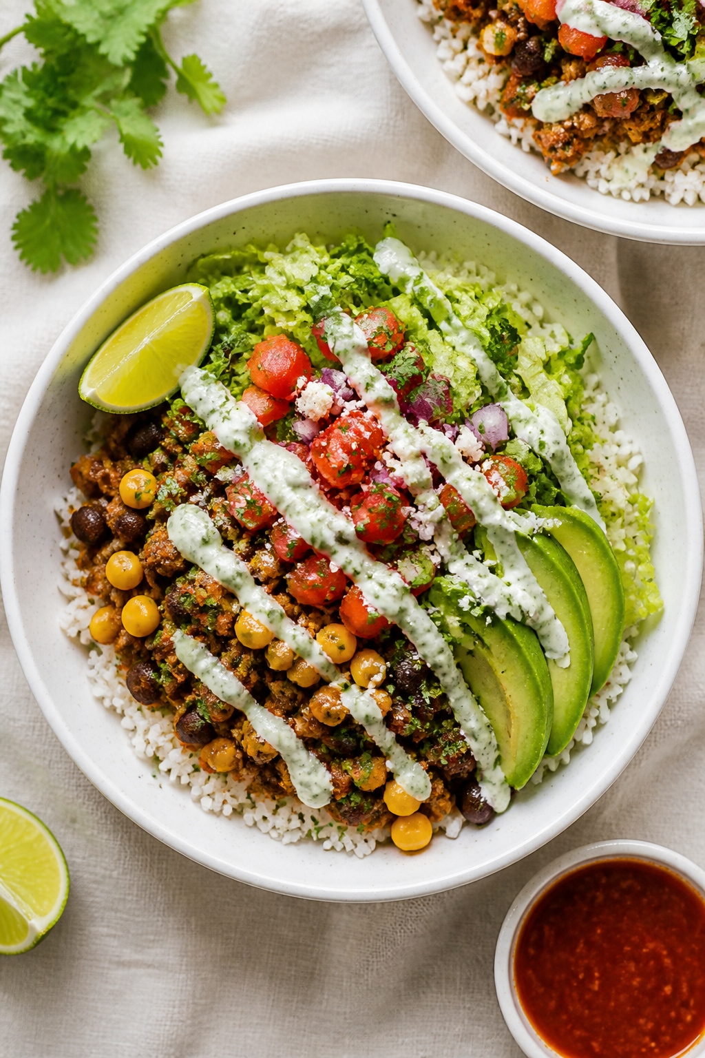 Tasty top view: Overhead shot of assembled ground turkey burrito bowls—warm white rice base topped