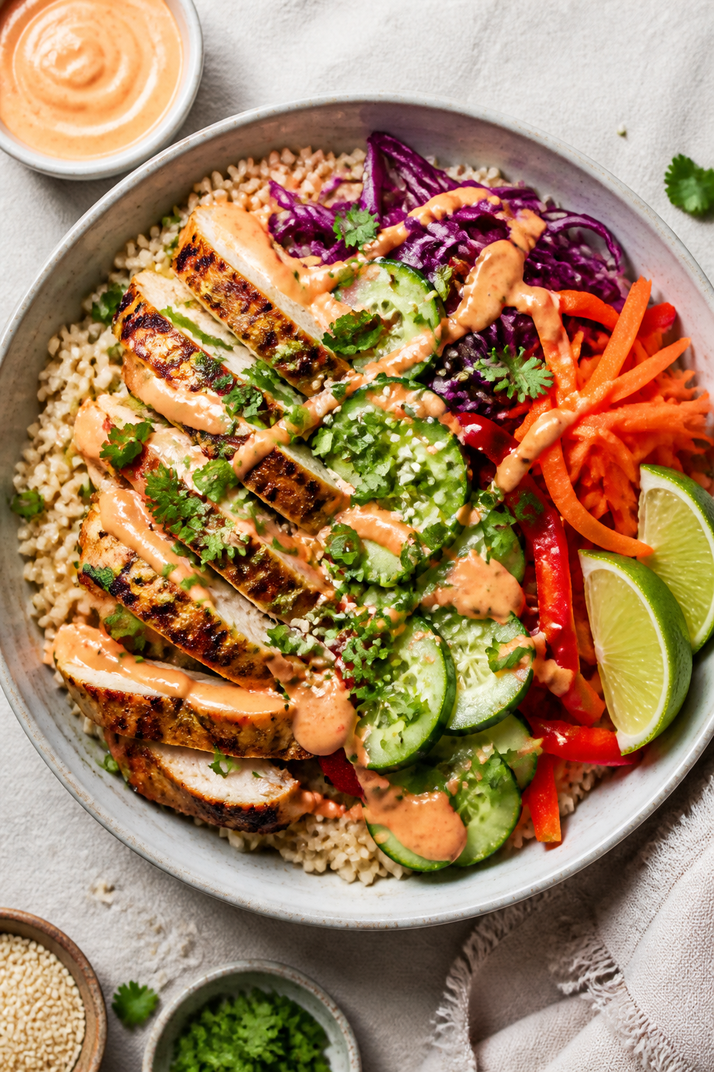 Tasty top view: Overhead shot of assembled Healthy Bang Bang Chicken Bowls—fluffy brown rice base 