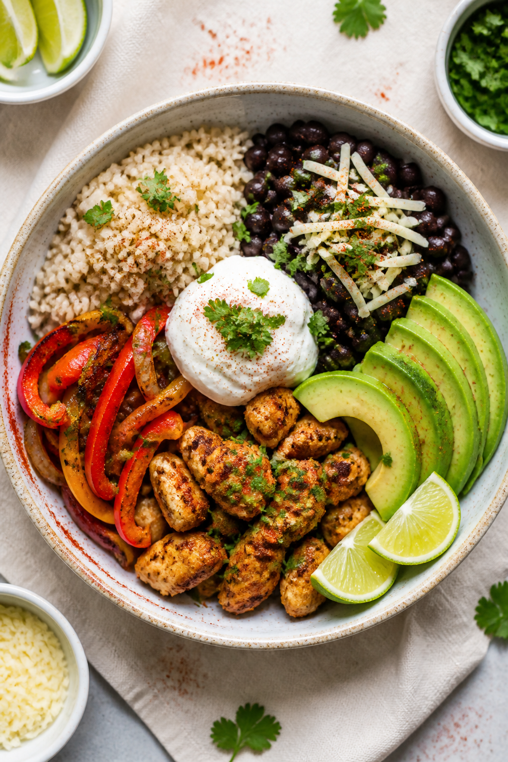 Tasty top view: Overhead shot of assembled High-Protein Chicken Fajita Bowls with a base of fluffy b