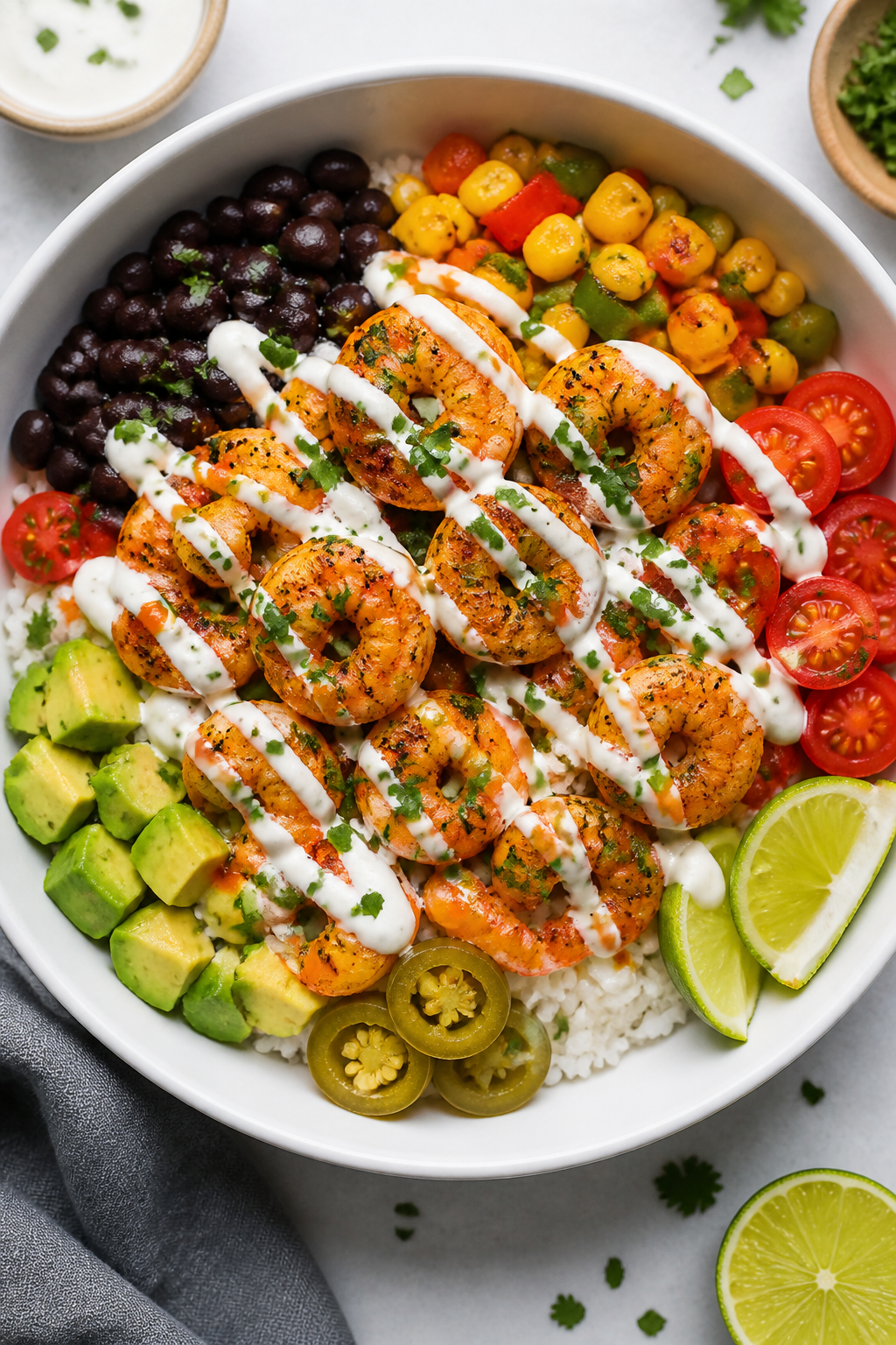 Tasty top view: Overhead shot of assembled High Protein Cajun Shrimp Bowl on a matte white shallow b
