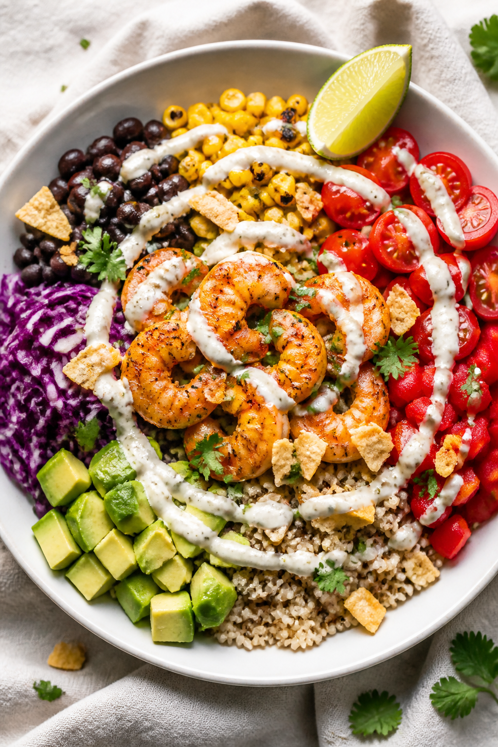 Tasty top view: Overhead shot of assembled High Protein Shrimp Taco Bowlâbase of fluffy brown rice