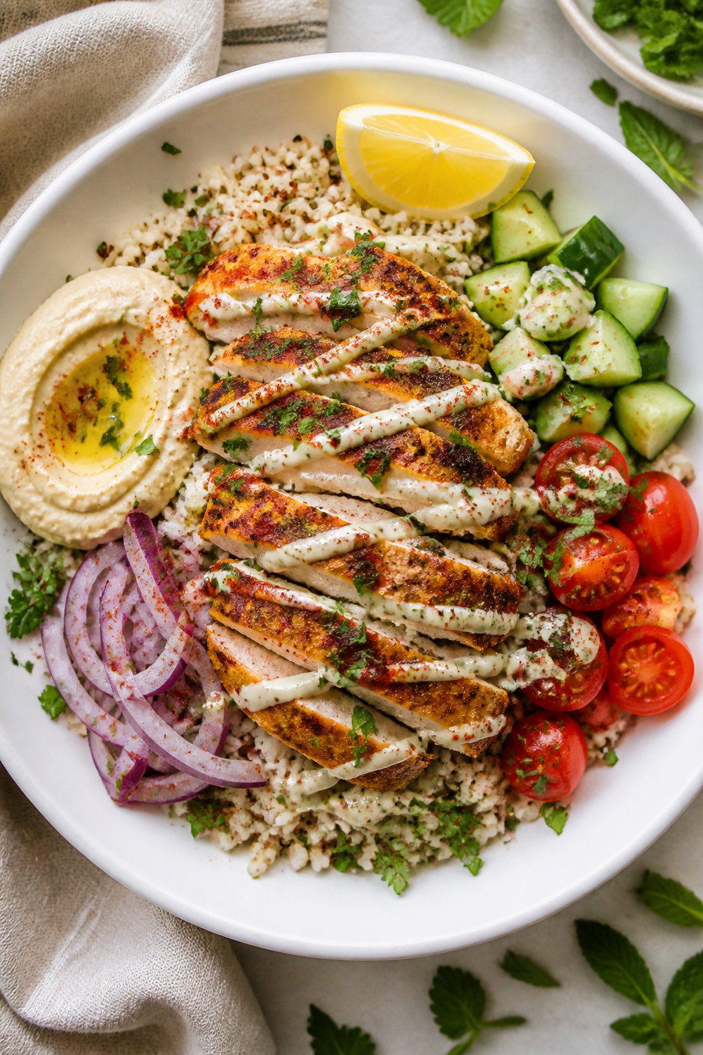 Tasty top view: Overhead shot of assembled High Protein Chicken Shawarma Bowl on a wide, matte white