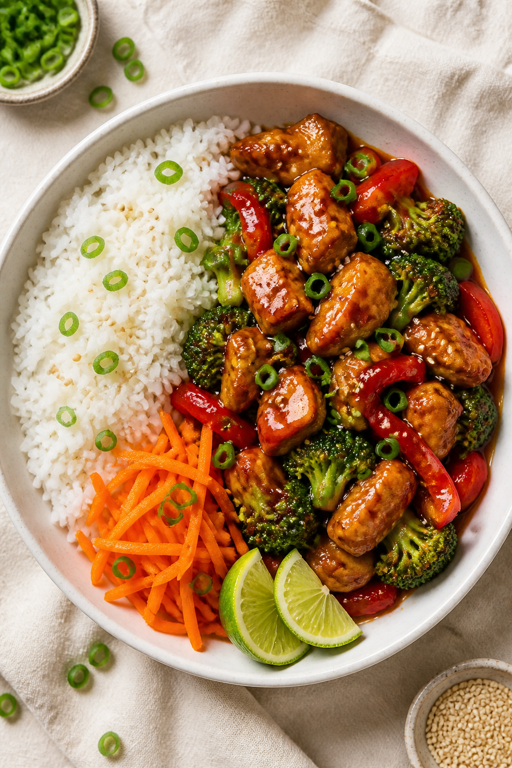 Tasty top view: Overhead shot of assembled High Protein Firecracker Chicken Bowlâfluffy jasmine ri