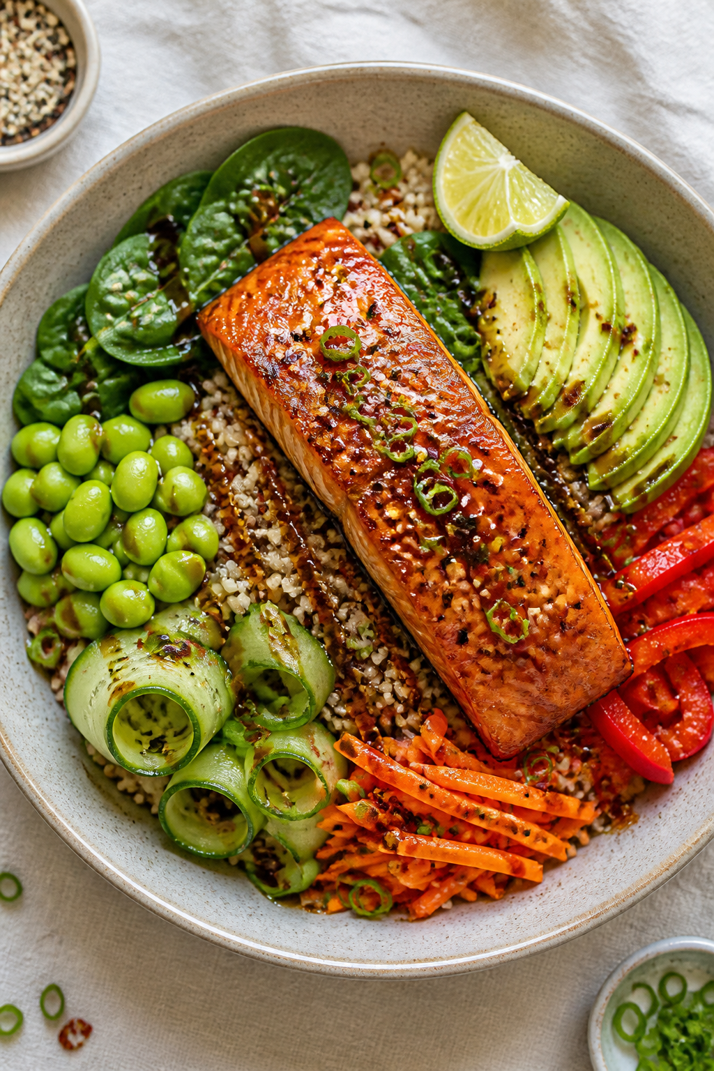Tasty top view: Overhead shot of assembled Honey Garlic Salmon Protein Bowl—base of fluffy brown r