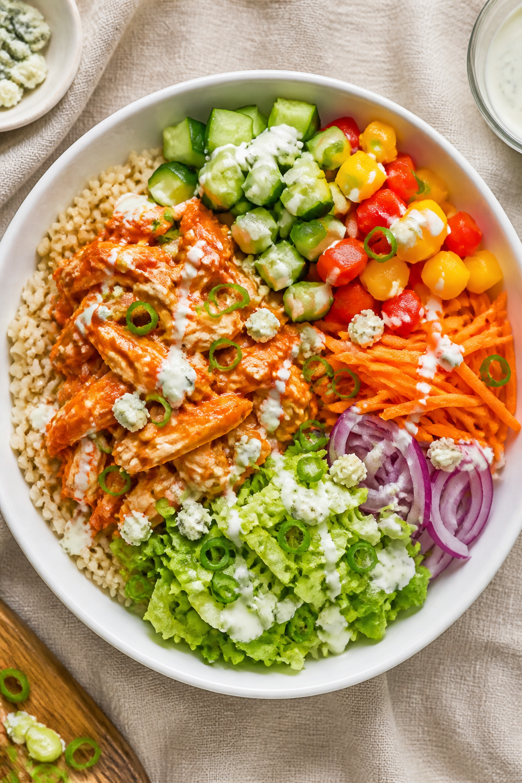 Tasty top view: Overhead shot of assembled Low Calorie Buffalo Chicken Rice Bowls—fluffy brown ric