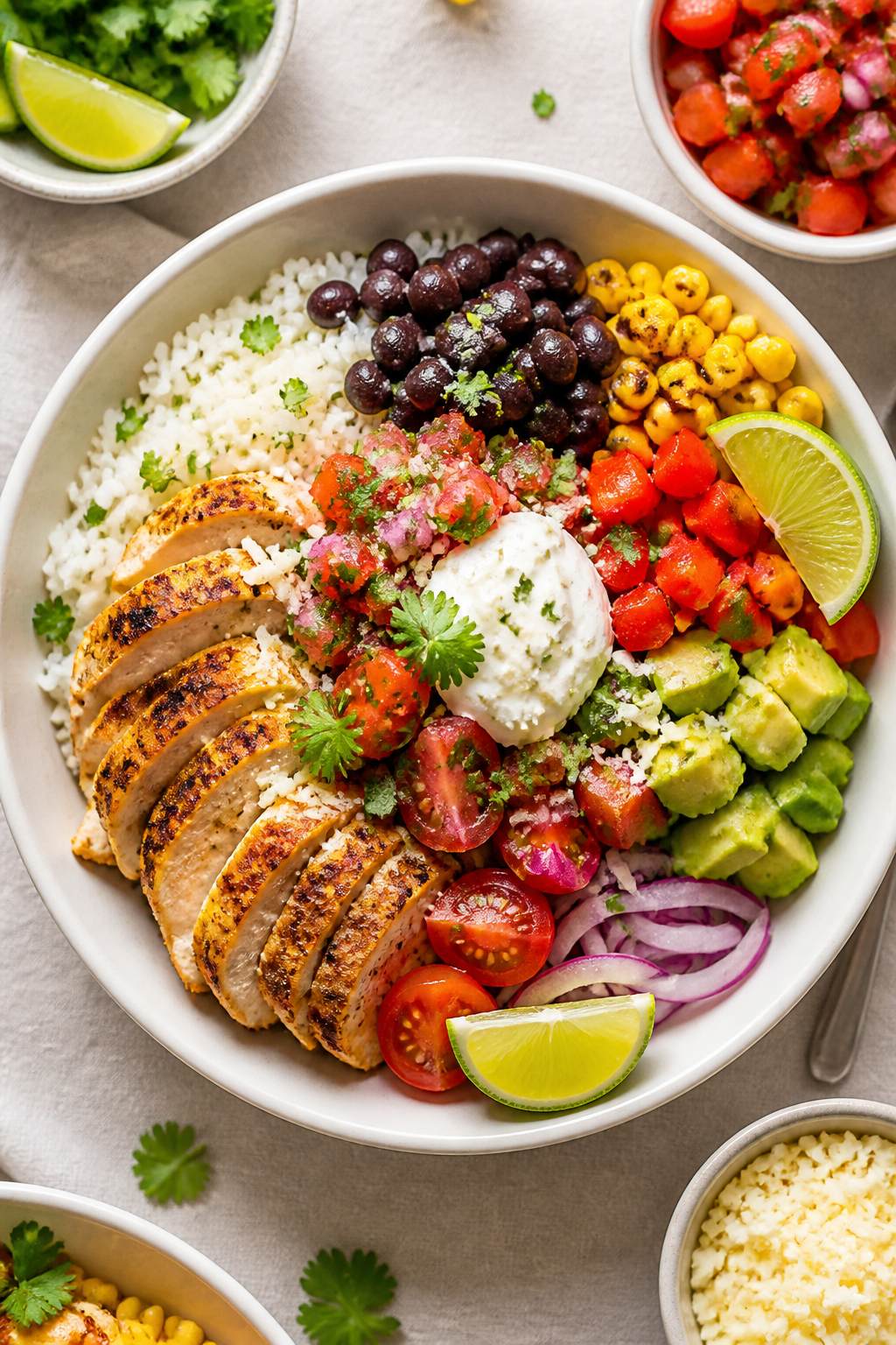 Tasty top view: Overhead shot of assembled Protein Packed Chicken Burrito Bowls—fluffy cilantro-li