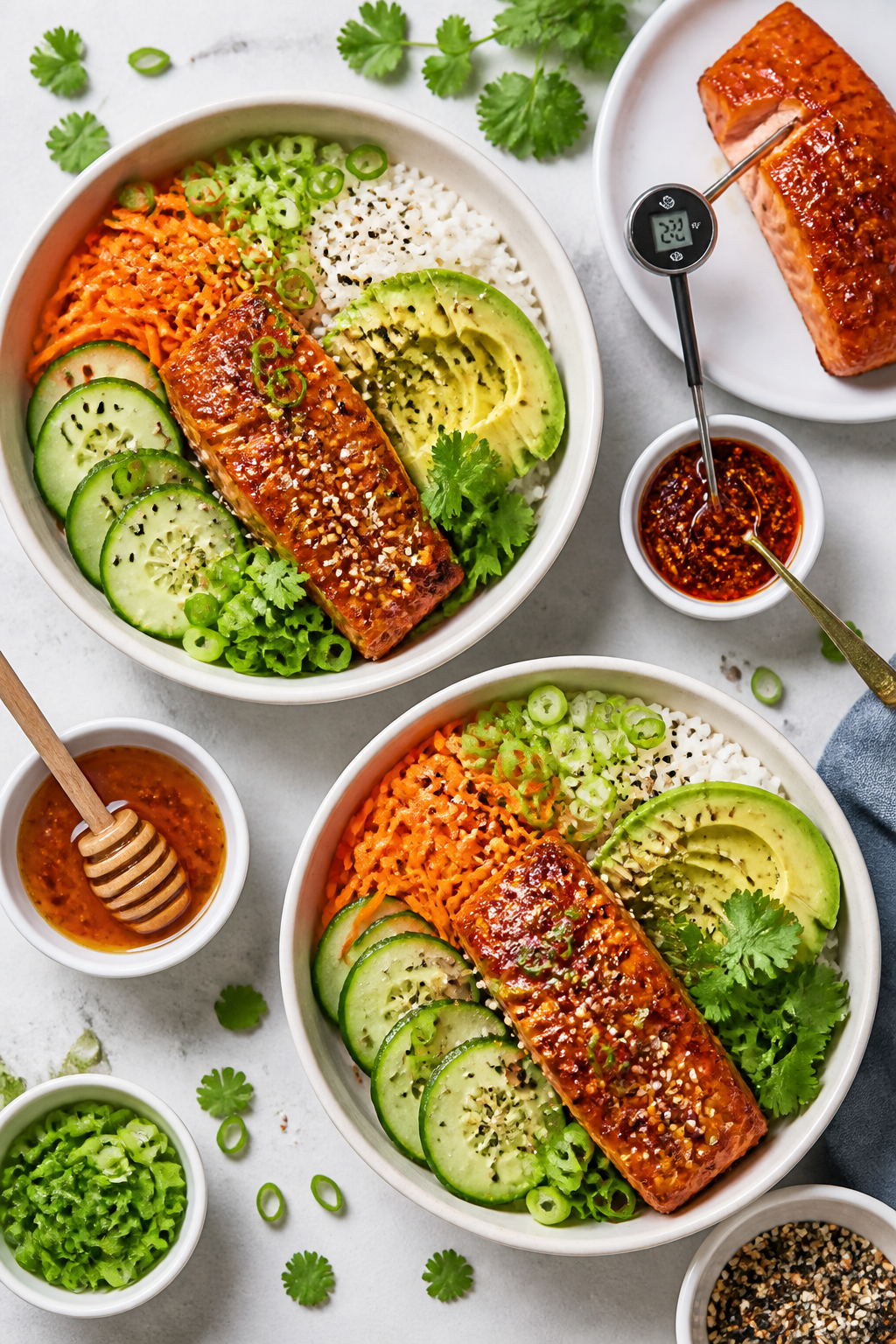 Tasty top view: Overhead shot of assembled salmon bowls for two, highlighting vibrant color contrast