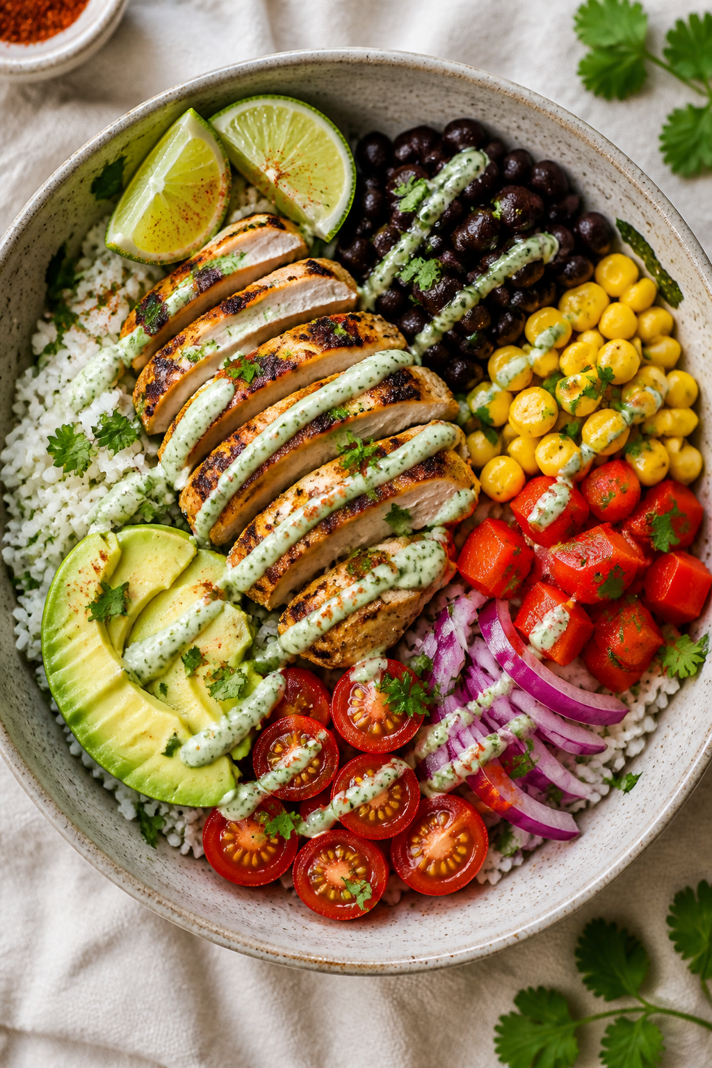 Tasty top view: Overhead shot of assembled Southwest Chicken Bowl—fluffy cilantro-lime rice base t