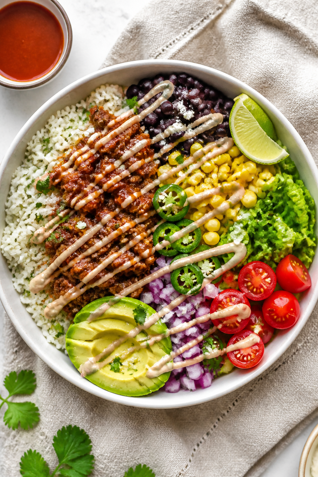 Tasty top view: Overhead shot of assembled Spicy Ground Turkey Taco Bowls with a base of cilantro-li