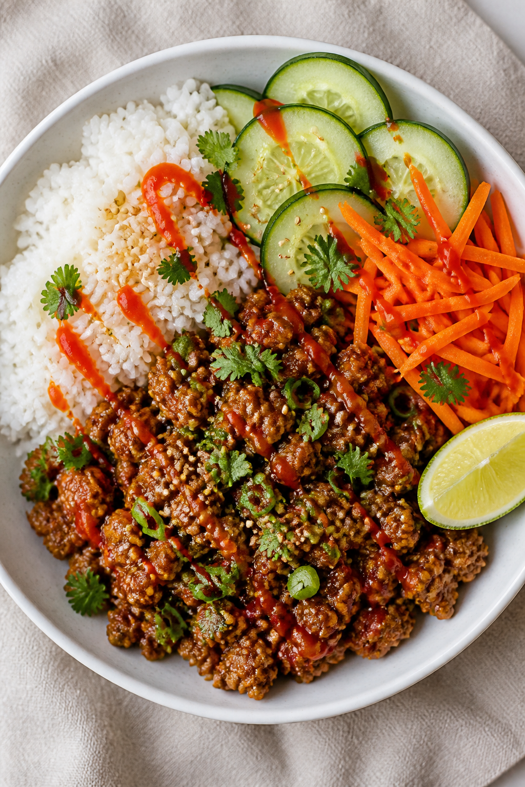 Tasty top view: Overhead shot of assembled Sticky Asian Ground Turkey Bowl—fluffy jasmine rice on
