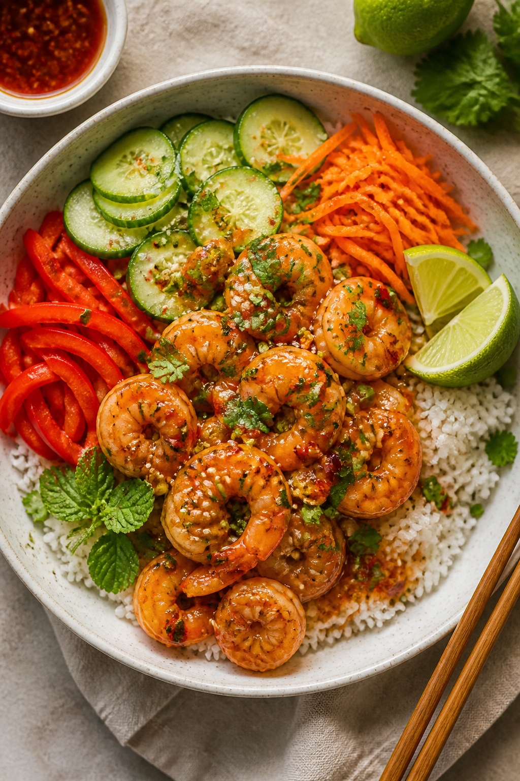 Tasty top view: Overhead shot of assembled Sweet Chili Shrimp Rice Bowls—fluffy jasmine rice base