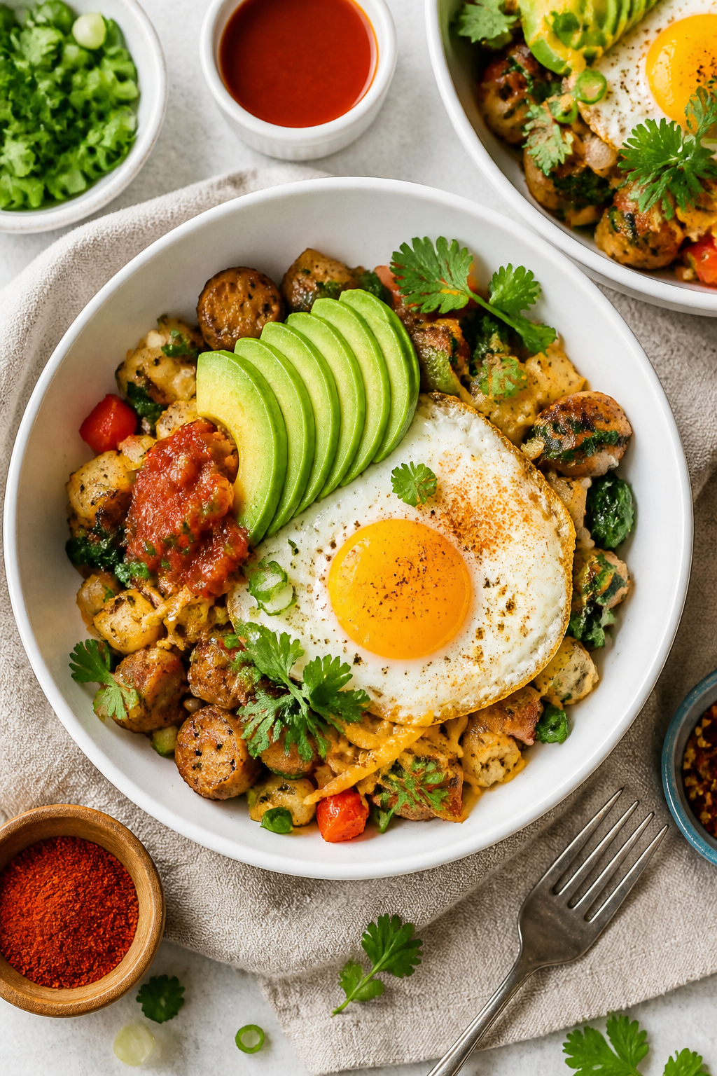 Tasty top view: Overhead shot of assembled Turkey Sausage Breakfast Bowls in matte white bowls—bas