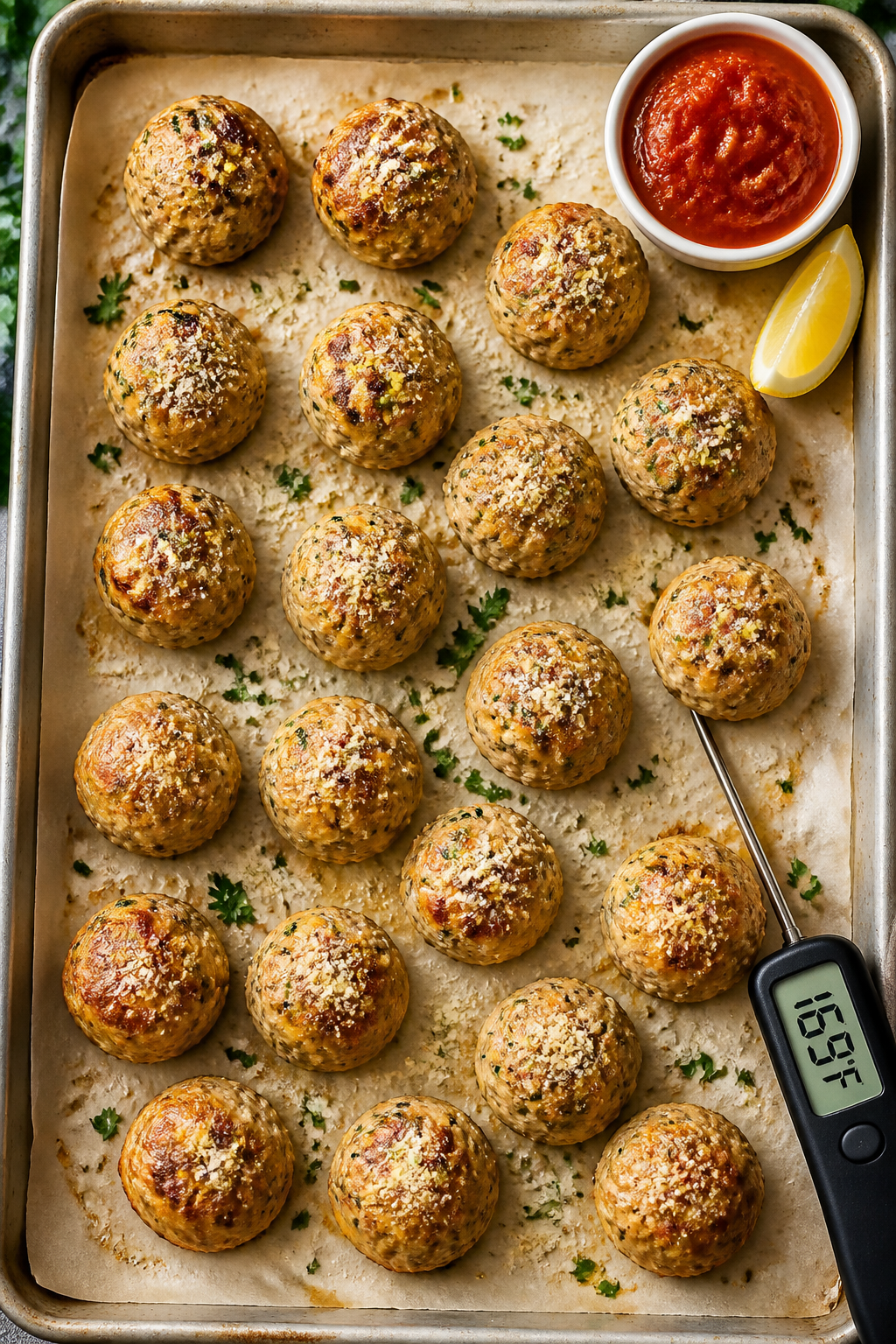 Tasty top view: Overhead shot of baked turkey meatballs on a parchment-lined sheet pan, evenly space