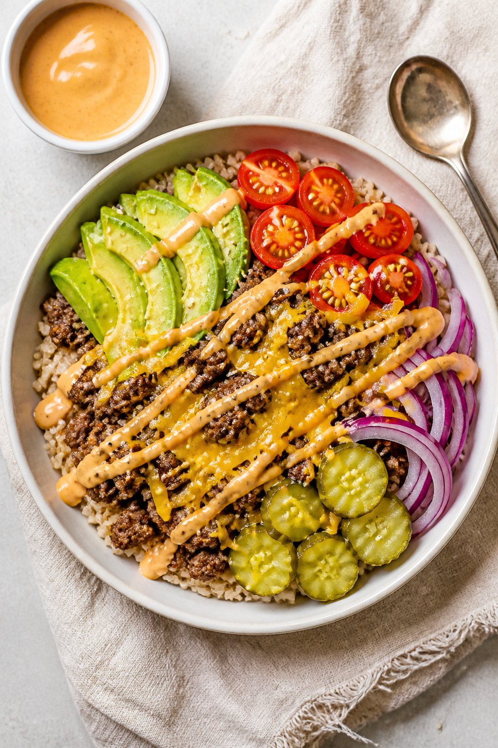 Tasty top view: Overhead shot of Cheeseburger Protein Bowls assembled on a matte white shallow bowl 