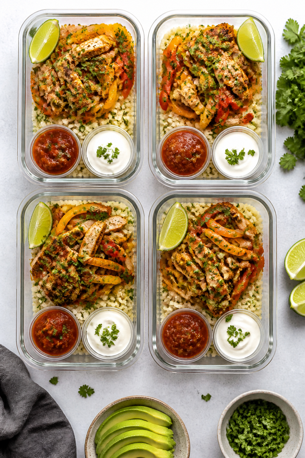 Tasty top view: Overhead shot of four low-carb chicken fajita meal prep bowls neatly arranged on a l