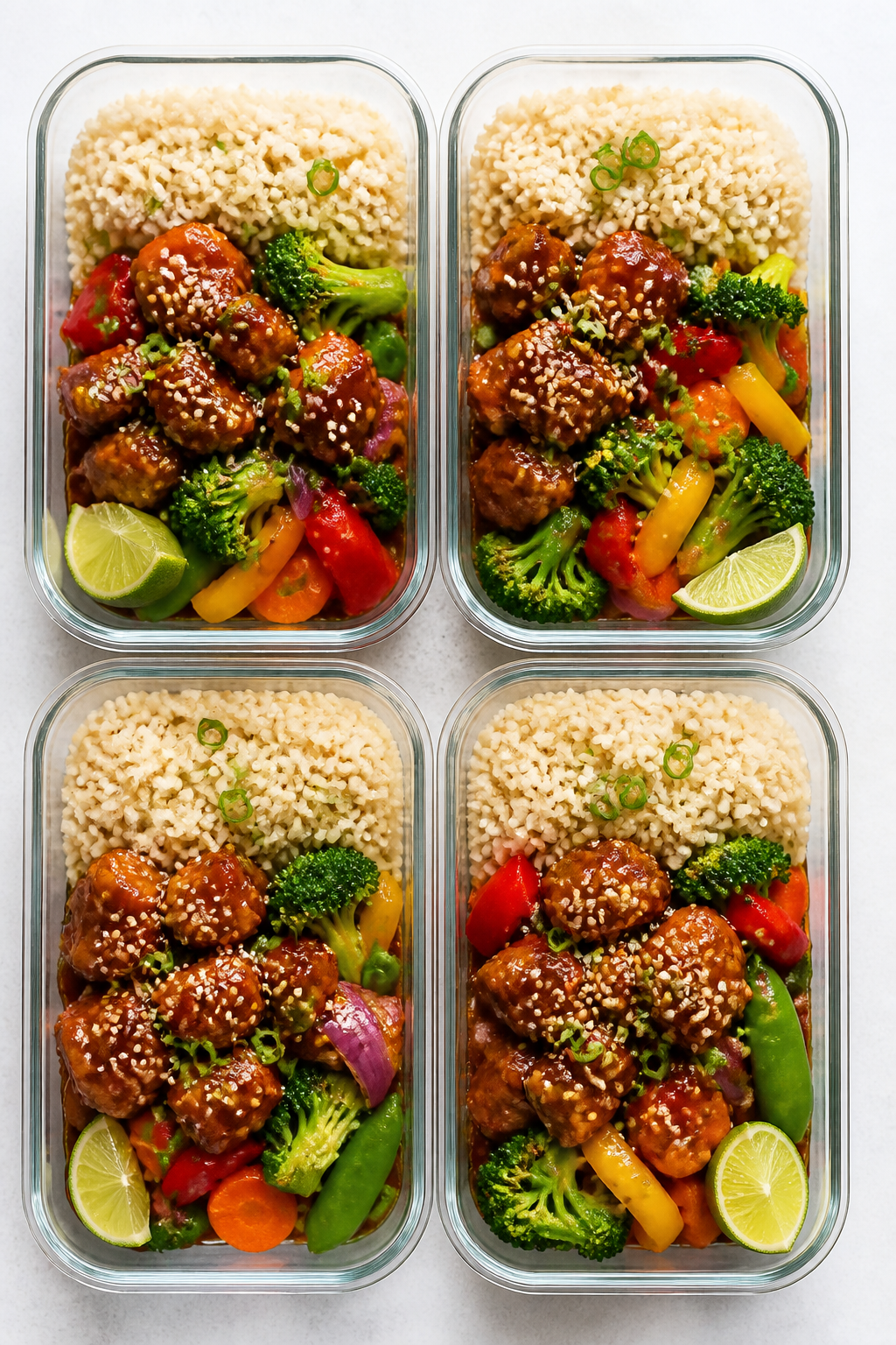 Tasty top view: Overhead shot of four meal prep containers neatly assembled—fluffy white or brown 