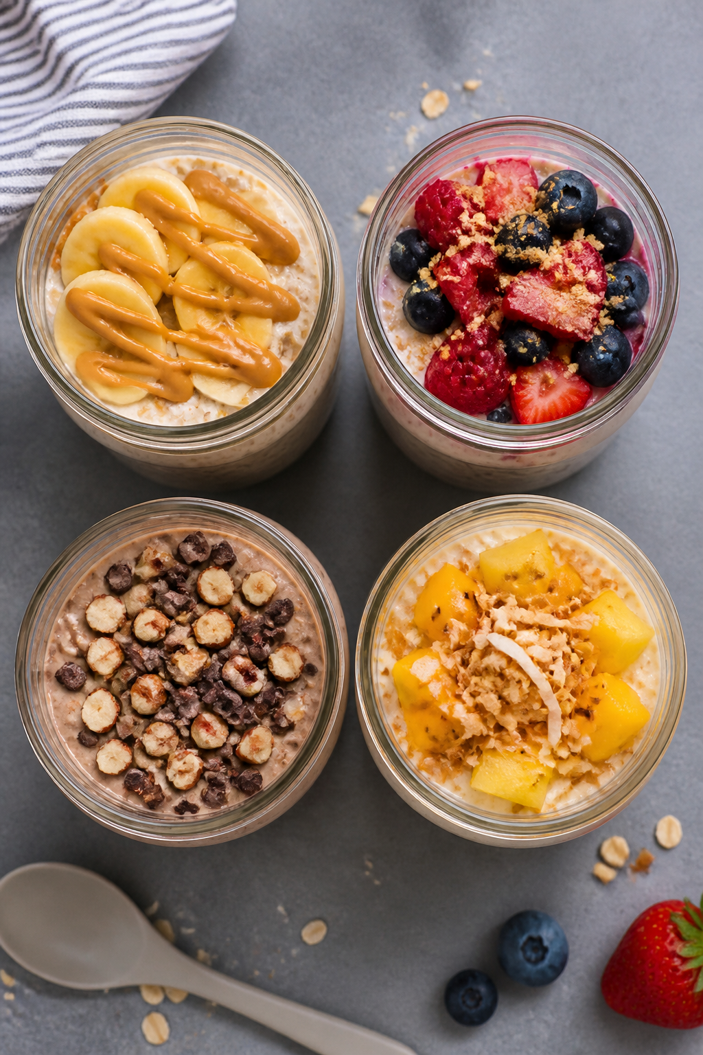 Tasty top view: Overhead shot of four meal-prep jars of finished protein overnight oats lined on a c
