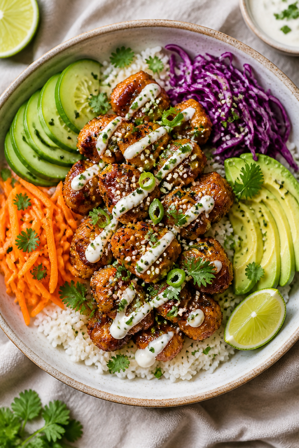 Tasty top view: Overhead shot of fully assembled Crispy Hot Honey Chicken Bowl—fluffy jasmine rice