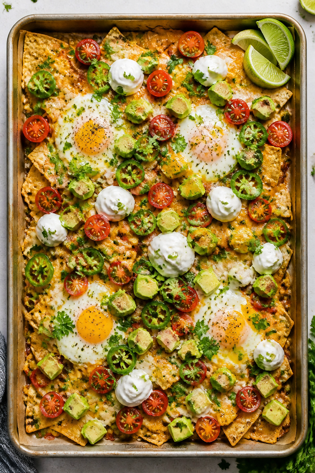 Tasty top view: Overhead shot of fully assembled Protein Packed Breakfast Nachos on a parchment-line