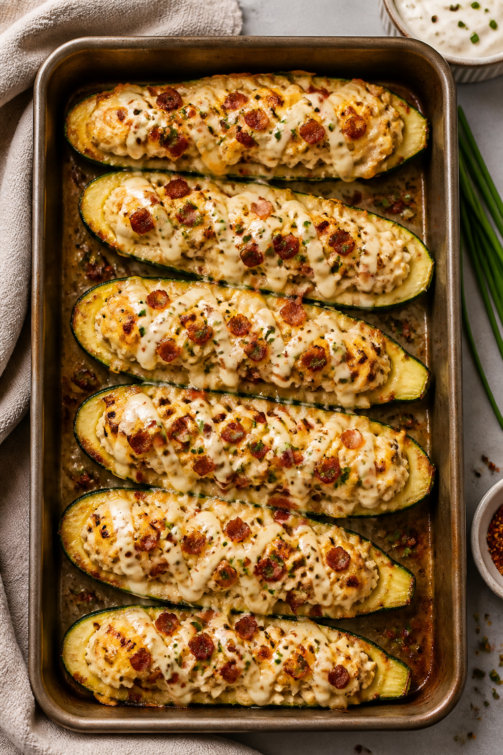 Tasty top view: Overhead shot of fully baked Chicken Bacon Ranch Stuffed Zucchini in the pan, cheese