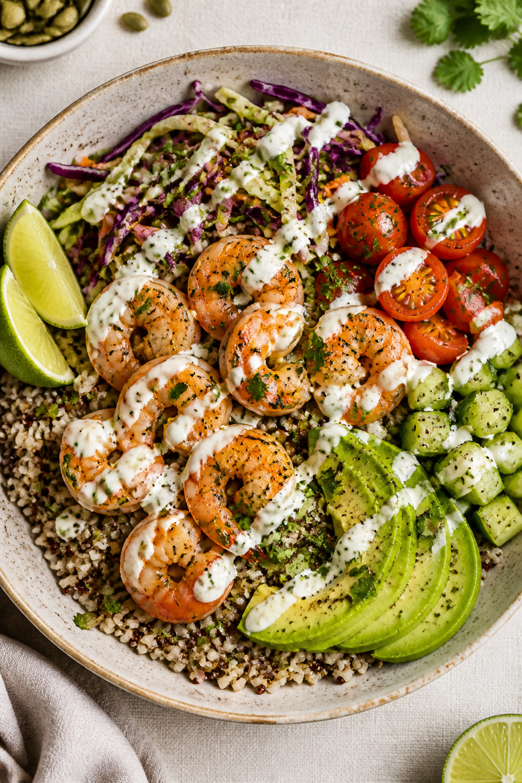 Tasty top view: Overhead shot of Garlic Lime Shrimp Power Bowl assembled on warm brown rice and quin