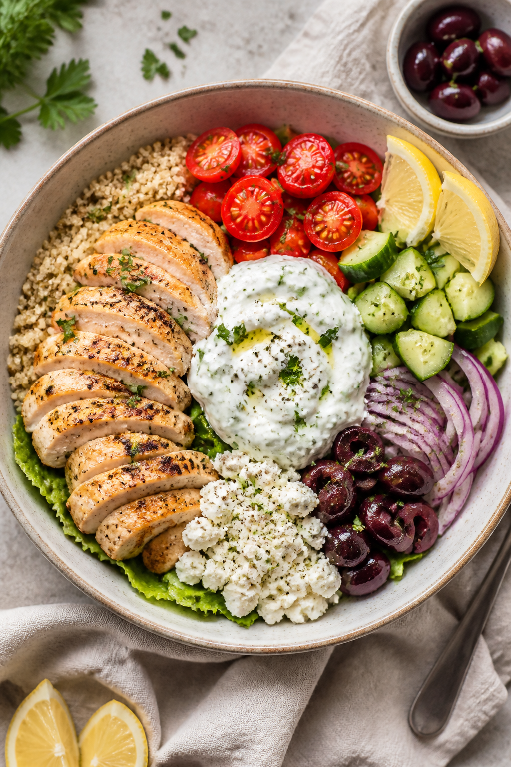 Tasty top view: Overhead shot of Greek Chicken Power Bowl assembled with a half-and-half base of flu
