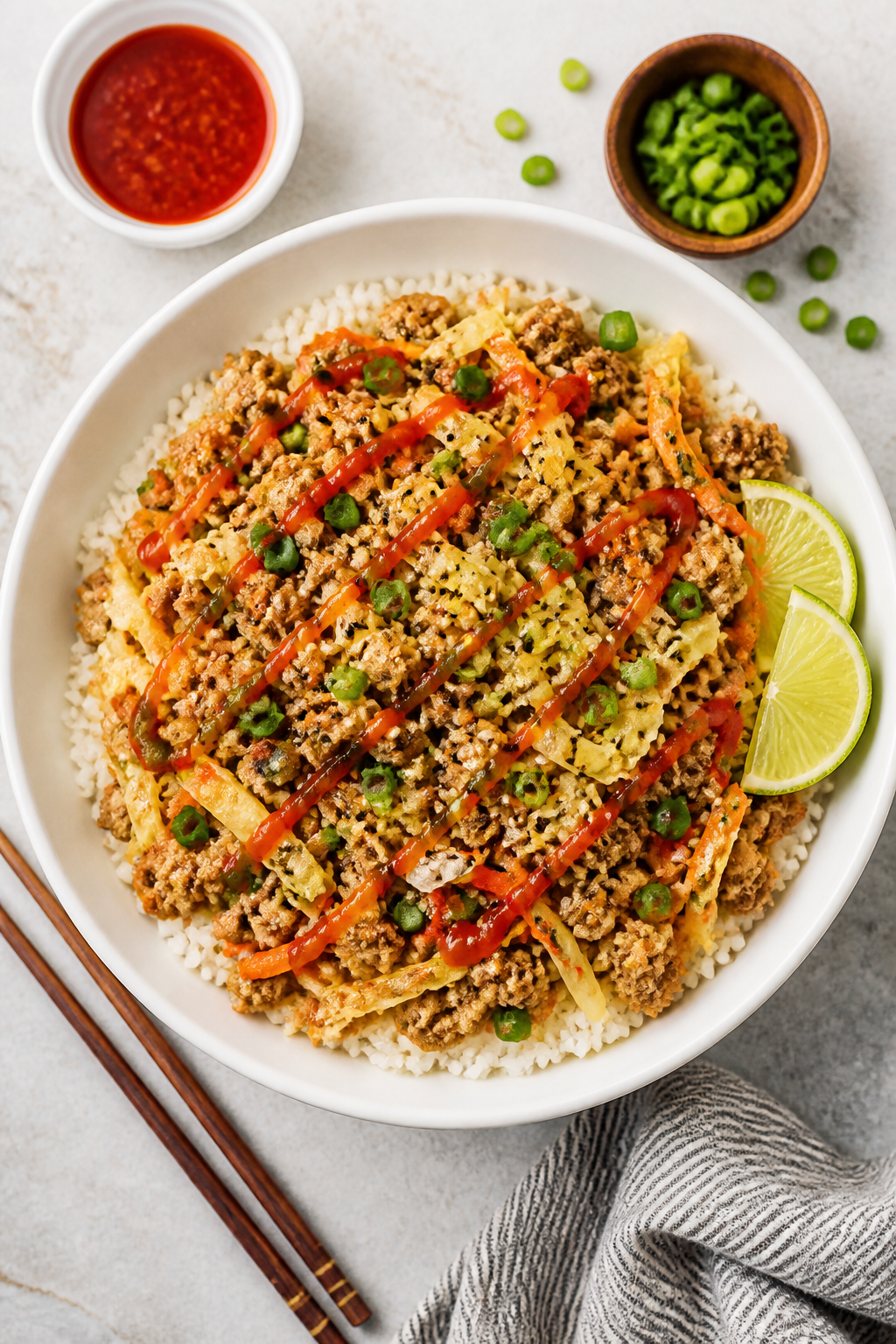 Tasty top view: Overhead shot of Ground Turkey Egg Roll in a Bowl served over fluffy jasmine rice in