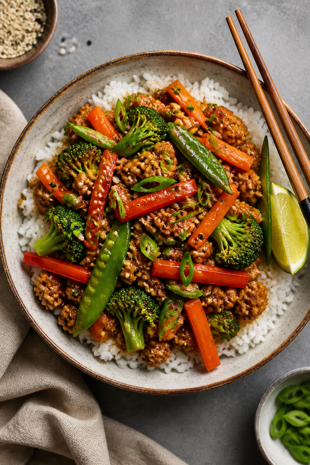 Tasty top view: Overhead shot of Ground Turkey Teriyaki Stir Fry served over fluffy jasmine rice in